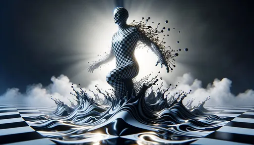 Prompt: A checkerboard 3D entity emerging from a liquid that has a checkerboard pattern. The entity is a humanoid figure that is made entirely of checkerboard patterns. The scene is dynamic and visually striking, with the checkerboard liquid creating intricate ripples and waves as the entity rises from it. The background is filled with a mist that also carries the checkerboard motif subtly, providing a sense of depth and mystery to the composition. The lighting is dramatic, emphasizing the contrast between the black and white squares of the checkerboard, giving the whole scene a surreal and otherworldly atmosphere in a wide ratio.