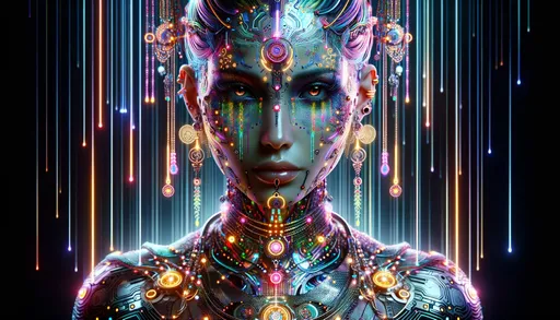 Prompt: The image portrays a futuristic, humanoid figure adorned with intricate jewelry, electronic interfaces, and vibrant patterns on her attire. Her gaze is intense, and her skin glows with a mix of natural and neon hues. Cascading digital rain and illuminated lines surround her, enhancing the cybernetic ambiance. in wide ratio