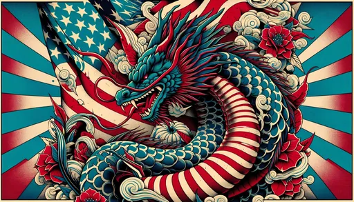 Prompt: A raw photo-style illustration combining old fashion Japanese style, tattoos, graffiti, art, manga, retro themes, and person illustration. The image should have red and azure color tones, dragon art, elements of American iconography, dramatic splendor, and political propaganda styles, with influences of paper cut-outs and figura serpentinata. The image should be in a wide ratio and have the appearance of an unedited photograph.