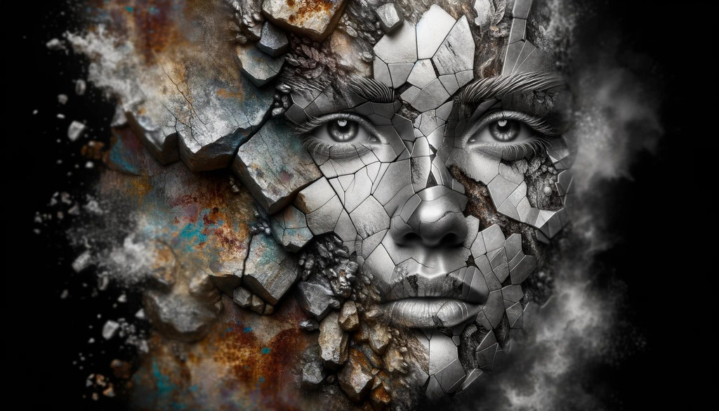 Prompt: Wide ratio image capturing the essence of a woman of Hispanic descent, her face artistically fractured and blended with a rock, emphasizing metallic etherialism, cracked visuals, highly stylized figures, and complemented by rusty debris.