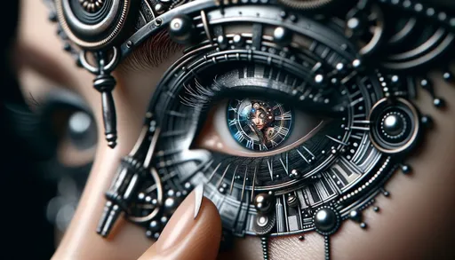 Prompt: a macro photo showcasing a close-up view of a woman’s face adorned in steampunk makeup, with a focus on her eyes which reflect the image of a vintage clock. The background is blurred but hints at intricate cybernetic surrealism patterns in dark white and dark blue, along with subtle touches of ritualistic masks. The image captures blink-and-you-miss-it details, embodying timeless artistry within a wide ratio frame.