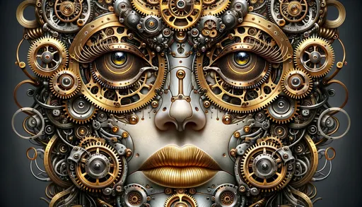 Prompt: A detailed mechanical face with golden gears. Prominent eyes encased in ornate metalwork. Gleaming lips and intricate mechanical components. Mixture of human features and clockwork design. A fusion of organic and steampunk aesthetics.