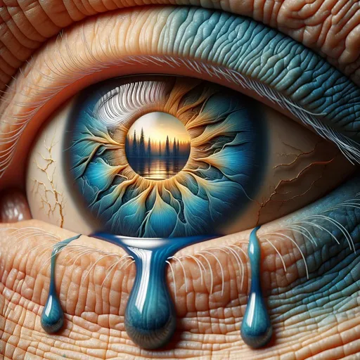 Prompt: Produce an artistic 3D render focusing on an eye, with an abstract approach to the shades of blue and gold. The tears should artistically reflect miniature versions of the eye, against the backdrop of aged skin. The iris is to be rendered with a stylized pattern depicting a forest silhouette around an illuminated horizon.