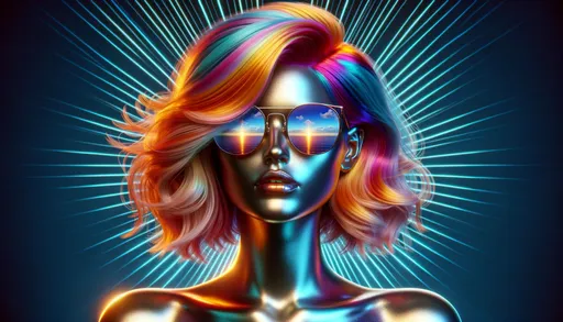 Prompt: Render of a woman with vibrant, color-shifting hair from warm tones at the top to cooler tones at the bottom. Her sunglasses show a reflection of a clear day's sky. She has a futuristic metallic complexion, and behind her are pulsating blue rays.