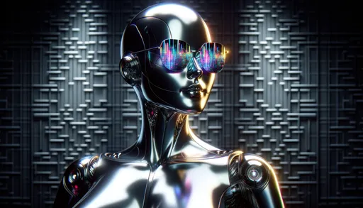 Prompt: Create an image of a female android with a futuristic design, resembling a high-quality 3D render. The android has a chrome-like skin texture with a metallic sheen and is wearing sophisticated, conceptual sunglasses made of fragmented mirrors. The sunglasses reflect a vivid neon-lit skyline. Her pose is elegant, shoulders back with a slight tilt of the head, conveying confidence. The background is a dark, subtle patterned wall suggesting an advanced, luxurious setting. The lighting should be dramatic, emphasizing the contours and reflective surfaces, with a color scheme of metallic silvers, deep blacks, and vibrant neon accents from the cityscape reflections.