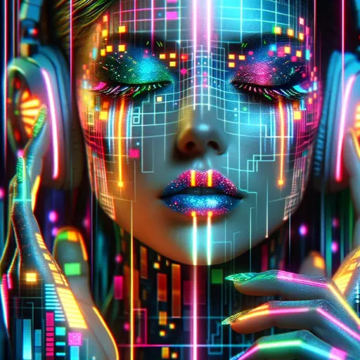 Prompt: Futuristic cyberpunk-inspired 8-bit makeup, blending pixelated aesthetic with neon colors and holographic effects, featuring glowing lines, holographic projections, and dynamic lighting effects that change with movement, creating a fusion between retro gaming and advanced technology