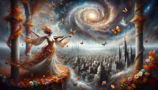 Prompt: In a universe where seasons materialize as living beings, behold the enchanting presence of the Autumn Goddess. She orchestrates a mesmerizing dance of leaves and butterflies, against the haunting panorama of bygone cityscapes.