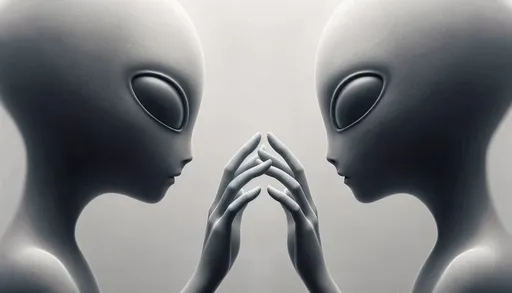 Prompt: An artistic macro photo that zooms in on the faces of two grayscale alien figures, showcasing the subtle interplay of light and shadow over their minimalistic features, with a special emphasis on the roundness of their eyes and the gesture of connection made by their extended hands.