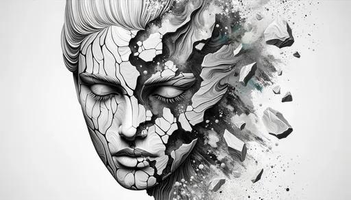 Prompt: A woman's face is broken in half thanks to rocks, in the style of futuristic realism, poured paint, darkly detailed, chic illustrations, fragmented figures, graceful sculptures, cracked in wide ratio.