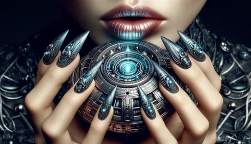Prompt: The image portrays a close-up of a person's lips and intricately designed futuristic device, nestled in the hands adorned with highly detailed and artistic nails. The device exudes a metallic sheen and consists of concentric circles and geometric patterns, emitting a soft blue light from its core. in wide ratio