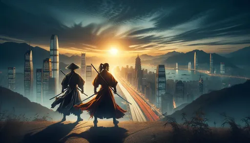 Prompt: Dramatic portrayal of two warriors, their attire reflecting age-old martial traditions, poised against a shimmering city skyline. In the distance, nature unveils its splendor with mountains and a setting sun, adding depth and contrast to the modern urban setting in wide format