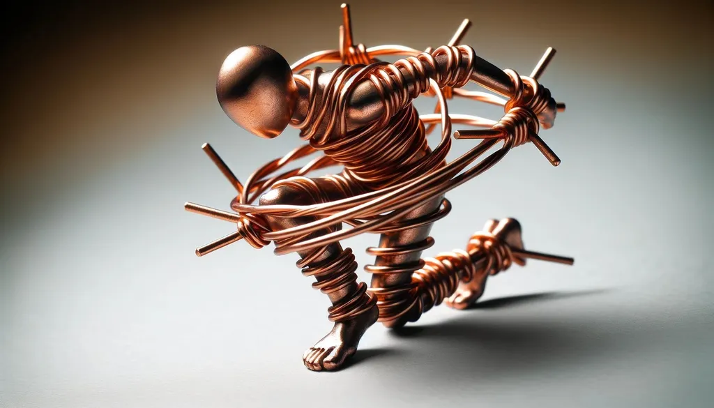 Prompt: barbwire copper human figurine