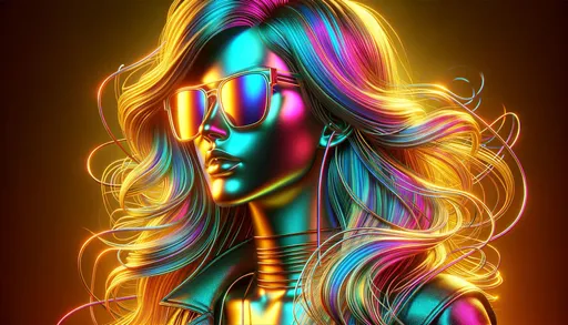 Prompt: 3D render of a modern woman, her hair radiating in neon colors, and wearing stylish glasses. The design is crafted in the style of 8k 3D with detailed features. A golden light bathes the scene, which is of UHD quality. Elements of panfuturism are evident, and chrome reflections add depth. The overall feel is reminiscent of colorful portraits with a touch of futuristic aesthetics.