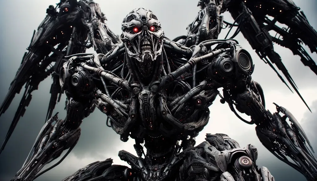 Prompt: Photo of a towering biomechanical creature with dark skin, exuding an intimidating aura. Its body is a mix of intricate machinery and organic structures. Bright red eyes gleam from its head, and various mechanical arms extend, poised for action against a dystopian backdrop.