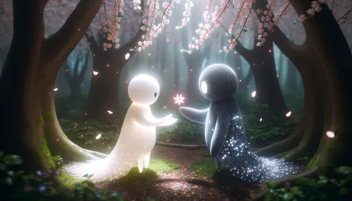 Prompt: In a magical forest, a radiant creature glowing with soft white light meets its counterpart, a shadowy figure with twinkling star-like patterns. They exchange gestures of friendship as petals from blooming trees swirl around them.