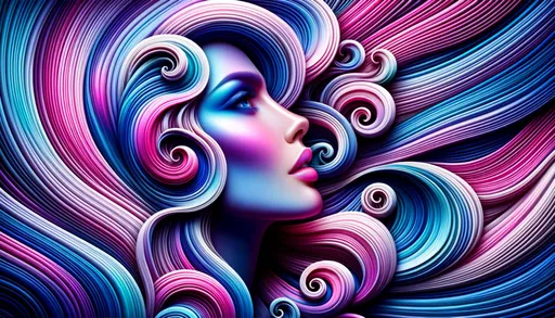 Prompt: Wide portrayal of a woman's radiant face in profile, accentuated by grand, twisty curls painted in shades of rosy pink, deep blue, and lilac. The background is an enthralling dance of neon waves, spiraling outward. The color scheme is a dynamic mix of cool tones, conjuring an entrancing, futuristic sensation.