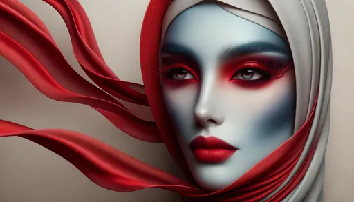 Prompt: A digital art rendering of a close-up of a Middle Eastern woman's face, wrapped in flowing red ribbons against a neutral backdrop. The subtle blue tint of her skin contrasts with the vibrant red motifs. Her striking red eyeshadow aligns with her radiant lips, augmenting the otherworldly feel.