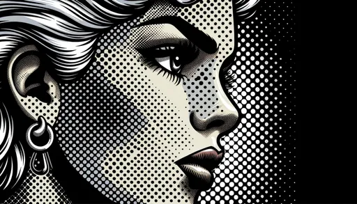 Prompt: Close-up, edge-to-edge depiction of a woman's face in noir comic art style, enriched with light silver and gold accents, and influenced by chicano art.