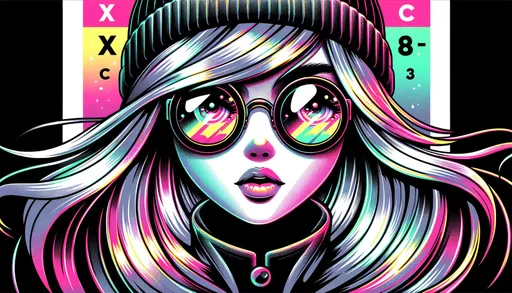 Prompt: Illustration of a stylized female character with shimmering silver hair and expressive eyes. Her round sunglasses emit vibrant reflections of pink, yellow, and green. She is accessorized with a dark beanie and a high-collar jacket, set against a backdrop of neon colors. The text "X8 C3" is positioned on the upper left.