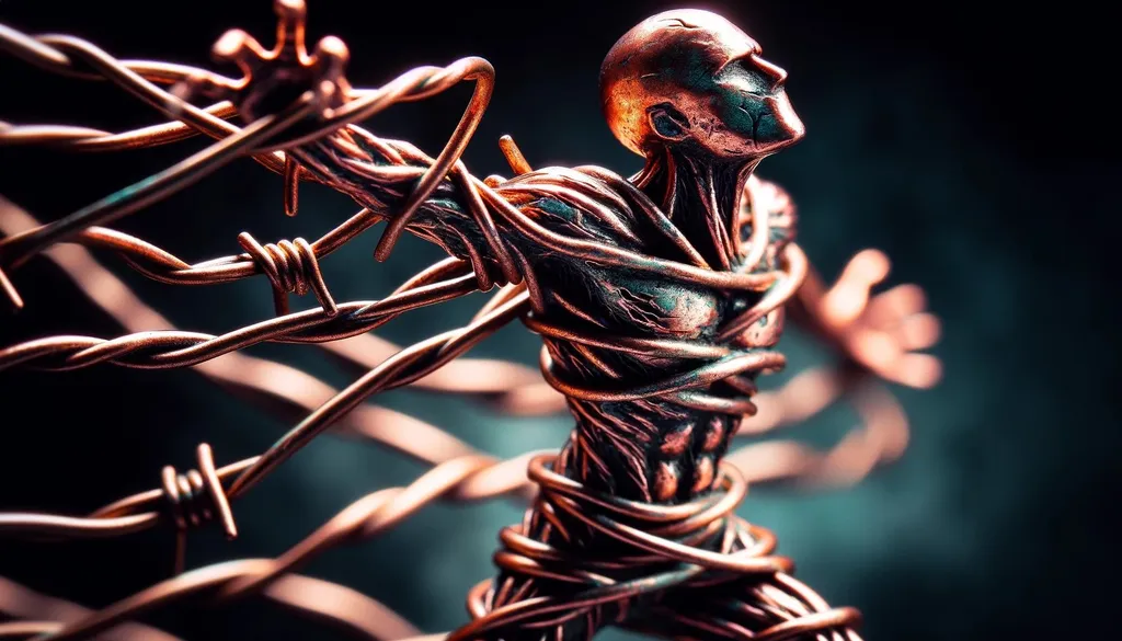 Prompt: artistic macro photography style of a barbwire copper human figurine, with an extreme close-up that artistically highlights the intricate textures and metallic reflections, employing dramatic lighting and a creative, aesthetically pleasing blurred background