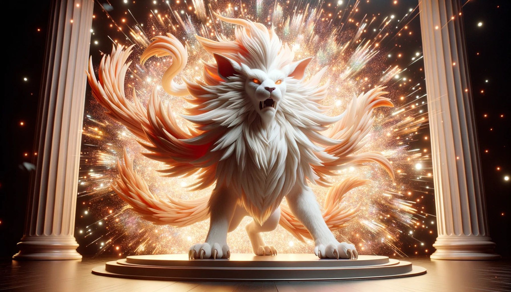 Prompt: 3d render of a light orange and white manticore, surrounded by an explosive backdrop of sparkles. The scene conveys a sense of theatrical grandeur, reminiscent of the wild energy of nature.