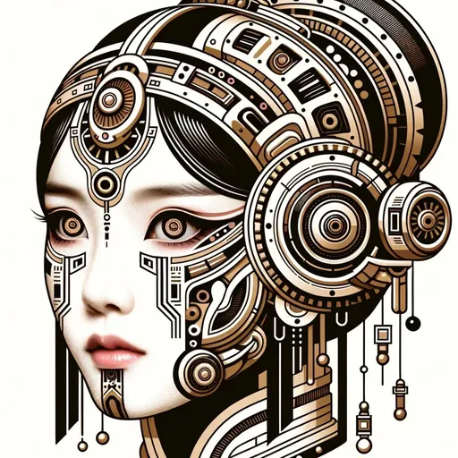 Prompt: Illustration capturing the essence of a jinxian girl, her face highlighted with futuristic makeup and a robotic headgear. The backdrop and her attire feature Aztec art influences, and the color palette is a blend of light bronze and dark black, aiming for realism.