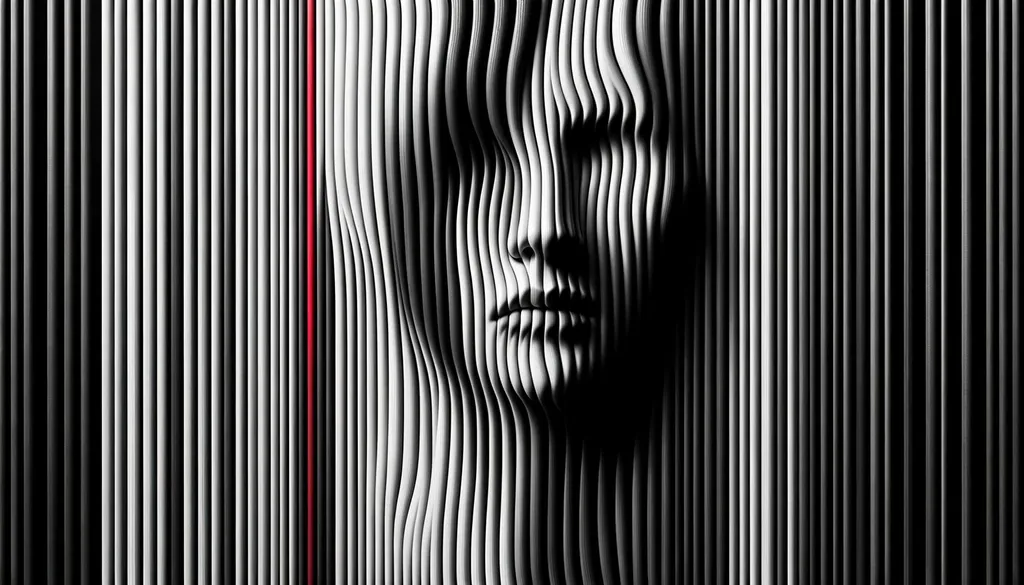 Prompt: A monochromatic portrait captures a figure with defined facial features, juxtaposed against undulating vertical stripes. These stripes, alternating between stark blacks and soft grays, bleed into the form, creating a mesmerizing blend of human and abstract. Bursts of crimson add depth, producing an effect both hypnotic and elusive.