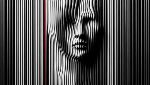 Prompt: A monochromatic portrait captures a figure with defined facial features, juxtaposed against undulating vertical stripes. These stripes, alternating between stark blacks and soft grays, bleed into the form, creating a mesmerizing blend of human and abstract. Bursts of crimson add depth, producing an effect both hypnotic and elusive.