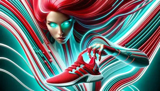 Prompt: The image captures a futuristic woman with vibrant red hair and glowing turquoise eyes, reaching down to touch her bright red athletic shoe. She is surrounded by a dynamic, wave-like pattern in red, teal, and white, creating a sense of motion and energy.