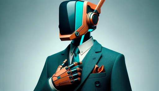 Prompt: a designer with a futuristic headwear mask, where the body matches the design and style of the head, without visible hands, in the style of cubo-futurism, retrowave, high-resolution photography, quirky cartoonish characters, sculpture-based photography, dark orange and turquoise in wide ratio