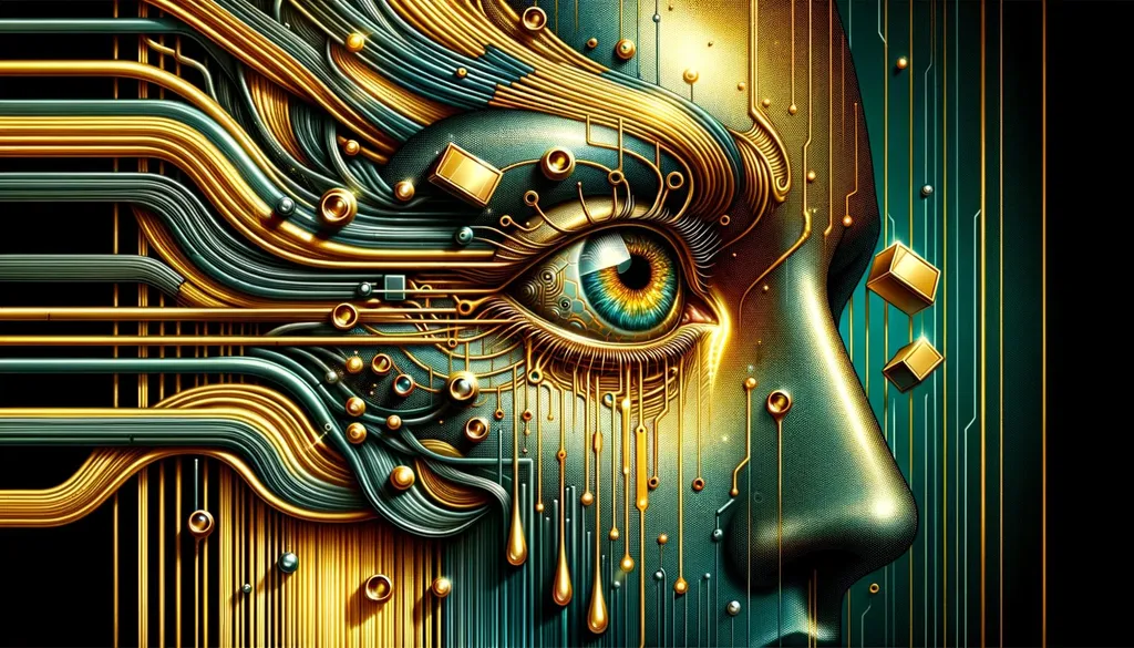 Prompt: Illustration depicting a face, shimmering in gold, with wires cascading around. The eye captures attention with its photorealism, and metallic rectangles float around. The scene is set against a dark cyan and yellow gradient, embodying a futuristic Victorian aesthetic with paint drips.