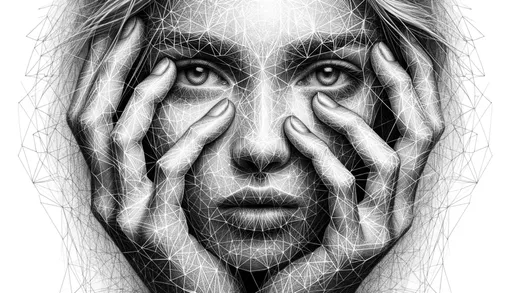 Prompt: The image portrays a monochromatic depiction of a woman's face and hands, intricately overlaid with geometric patterns. The web-like structures contouring her face give an impression of fragility and complexity. Her eyes, partially obscured by her hands and the web, convey a sense of introspection or contemplation.