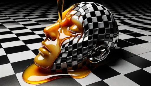 Prompt: The image showcases a surrealistic depiction of a human face, partially submerged and seemingly melded into a checkerboard background. Liquid amber, resembling molten gold or honey, pours onto the face, distorting its features further. The play of light accentuates the fluidity and reflective qualities of both the face and the liquid.