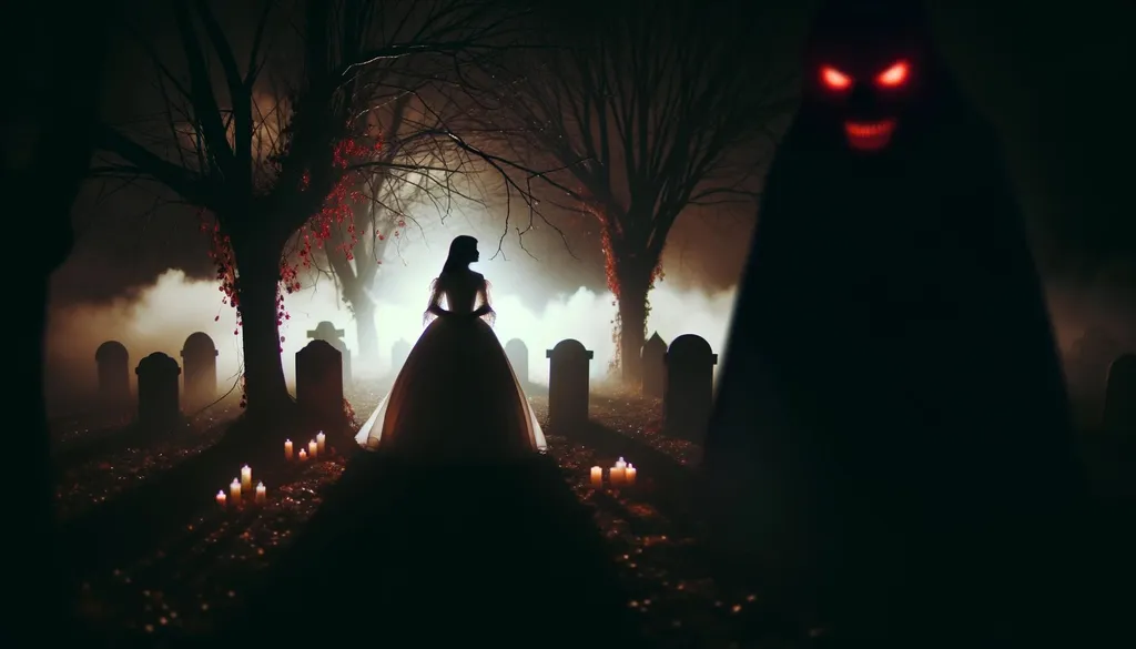 Prompt: Wide ratio portrayal of a dark, romantic landscape where a lone figure in a white gown stands amidst a graveyard, her silhouette illuminated by the soft glow of candles. Behind her, ominous shadows with crimson eyes watch silently, epitomizing the dance between purity and malice.