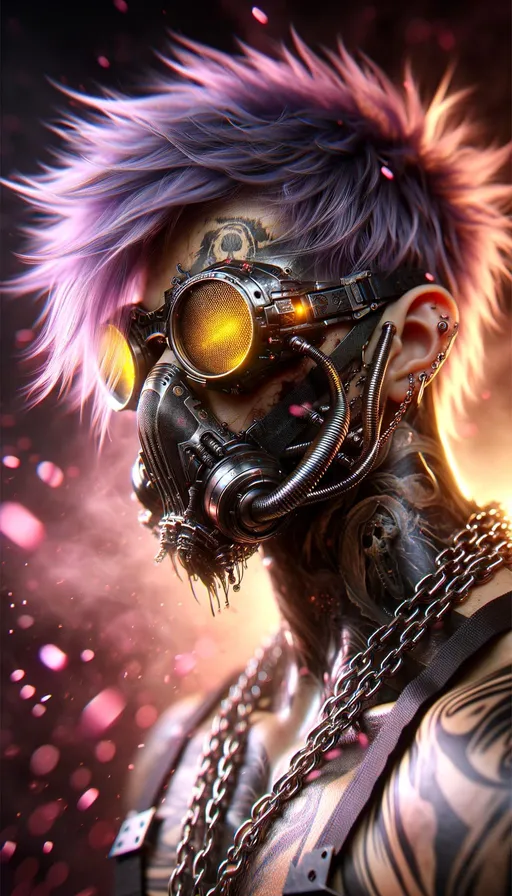 Prompt: Create an image that captures the essence of a macro photograph of a cyberpunk character. The character should be captured up-close, with fine details visible, such as the texture of the spiky purple hair, the intricate glowing circuitry within the yellow eyes, and the reflections on the surface of the goggles. The character's outfit should include a black tank top with a detailed skull design. The chains should have a heavy, metallic look with a tactile texture. The cybernetic enhancements should be highly detailed, showcasing the reflections and minute engravings on the metallic arm guards. The tattoos should appear almost lifelike, with a depth that reveals the character of the ink on skin. The background should blur into a bokeh of pink, with the black splatters providing a contrast, enhancing the sense of an up-close and personal photograph with a shallow depth of field.