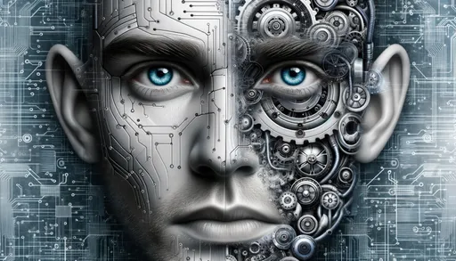Prompt: Exploring the concept, a Caucasian man's face emerges, where human features intermingle with mechanical components. His cool-toned complexion is juxtaposed against a background of detailed circuits and tubes. The eyes, both human and cybernetic, convey a myriad of emotions, symbolizing the convergence of biology and engineering.