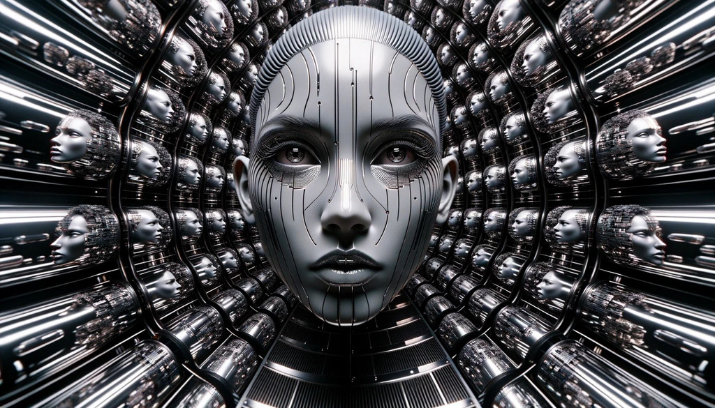 Prompt: Wide render of a female face, surrounded by a myriad of mirrors, each reflecting a slightly different angle of her visage. The setting is deeply rooted in futuristic realism, with dark silver undertones and striped textures. Machine aesthetics dominate the scene, giving it a daz3d-like appearance.