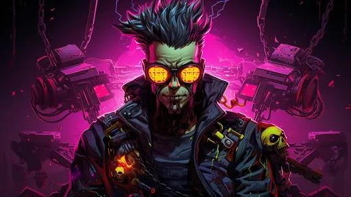 Prompt: Create a detailed illustration of a cyberpunk character with a dynamic pose. The character should have bright purple spiky hair and glowing yellow eyes. They are wearing goggles on their head, with one lens reflecting a neon sign. The character's attire includes a black tank top with a skull graphic, heavy chains around the neck, and various cybernetic enhancements such as metallic arm plates and ear piercings. Tattoos should be visible on their arms, featuring futuristic designs. Their expression is confident and a bit mischievous, with a small lightning bolt scar on one cheek. In the background, use a vibrant pink hue with splashes of black ink to give an energetic, rebellious vibe.