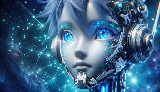 Prompt: Macro photo capturing the face of an anime android robot girl, set against a space backdrop with celestial blue eyes gazing from the universe, in the style of realistic hyper-detailed portraits, neon art nouveau, hues of light blue and silver, pixelated realism, algorithmic intricacies, and futurist mechanical precision in wide ratio