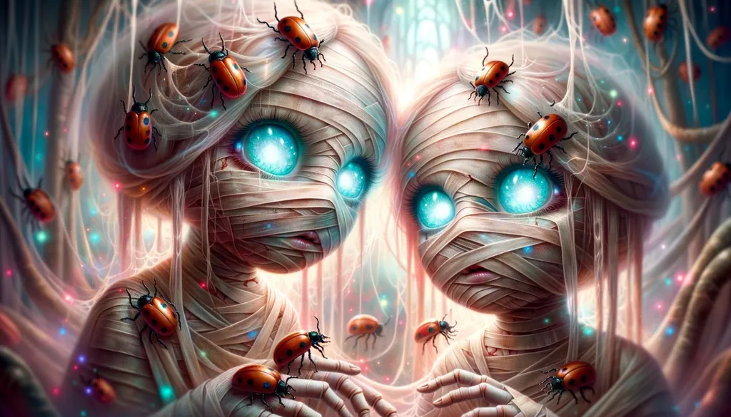Prompt: Illustration of a mystical realm where two ethereal dolls with glowing blue eyes capture attention. Their faces, marked and wrapped in mummy-like cloth, are intriguingly adorned with lively red beetles. A soft-focus background amplifies the atmosphere of intrigue.