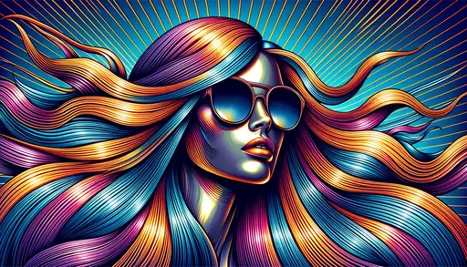 Prompt: Illustration of a woman with a cascade of multicolored hair, starting with warm oranges and ending in deep purples. Her large sunglasses reflect a serene blue sky. The metallic texture of her skin contrasts with the energetic blue rays emanating from behind her.