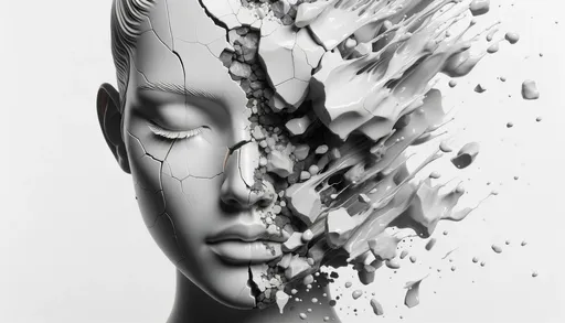 Prompt: 3D render of a woman's face broken in half by rocks, showcasing futuristic realism, poured paint aesthetics, darkly detailed features, chic illustrations, fragmented figures, and graceful sculptures, all presented in a cracked style.
