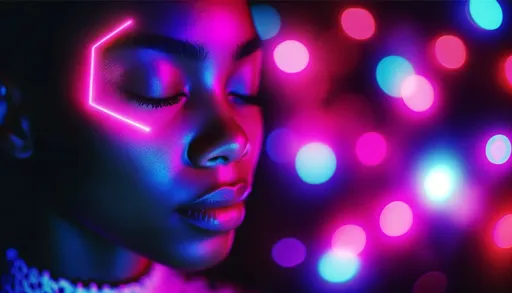 Prompt: A photo capturing a woman's face illuminated by a vibrant display of neon lights, with shades of pink, blue, and purple softly highlighting her serene, closed eyes and soft facial features.
