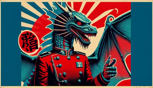Prompt: A raw photo-style illustration of a dragon person, capturing Japanese art influence, retro-futuristic propaganda, and 19th century American art. The image should exhibit high-contrast realism, odd juxtapositions, and feature crimson and azure tones, embodying a critique of consumer culture. The image should be in a wide ratio and resemble an unedited photograph.