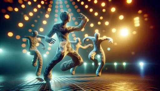 Prompt: An artistic raw photo that portrays 3D patterned entities dancing in a fantasy disco setting, with a focus on creative composition. The image should have an intentional play of light and shadows, with a shallow depth of field that brings out the textures and movements of the entities against a backdrop of soft-focused disco lights.