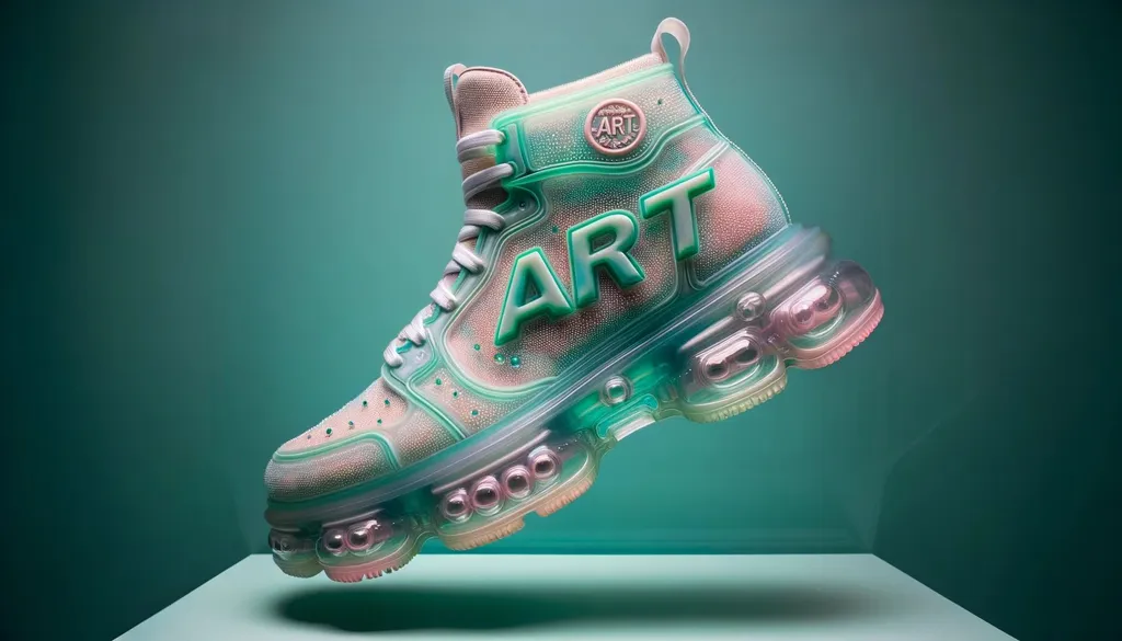 Prompt: In a wide frame, depict a see-through sneaker emblazoned with the "ART" insignia, suspended over a teal-colored ground. The footwear, highlighted in pastel greens and pinks, reveals meticulous craftsmanship, from its grooved base to the luminous water beads on its surface.