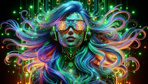 Prompt: 3D render of a futuristic woman with luminous, multi-colored hair flowing in shades of green, orange, and violet. She wears holographic goggles that shimmer with light, set against a background illuminated by neon green and orange patterns. The intricacy of her facial features exudes a mystical presence.