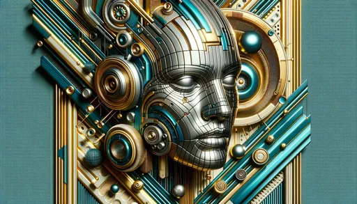 Prompt: Illustration portraying a 3D face in a metallic finish, surrounded by cyberpunk elements. The color scheme is rich in gold and azure, with fragmented advertising motifs scattered in the background, all reflecting a sense of mechanized artistry.