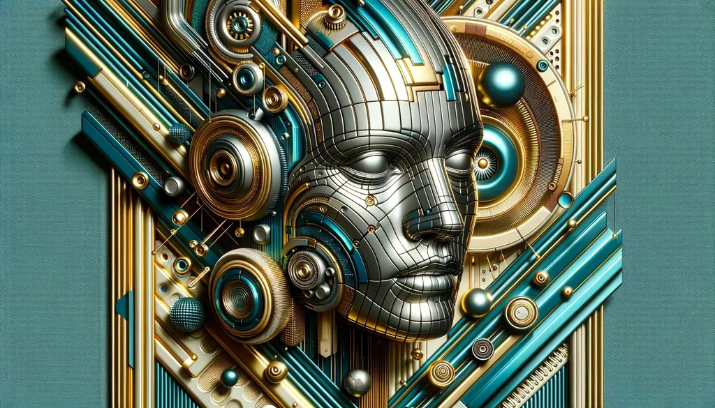 Prompt: Illustration portraying a 3D face in a metallic finish, surrounded by cyberpunk elements. The color scheme is rich in gold and azure, with fragmented advertising motifs scattered in the background, all reflecting a sense of mechanized artistry.