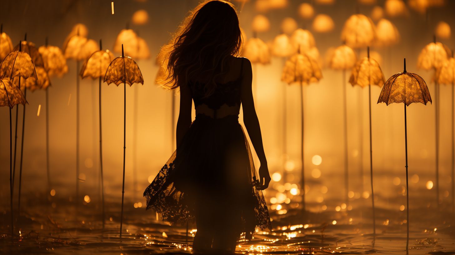 Prompt: The image depicts a silhouette of a woman standing amidst a golden field, holding a delicate lace umbrella. Her black dress flows gracefully down to the ground, contrasting with the warm backdrop. The scene exudes an air of mystery and serenity.